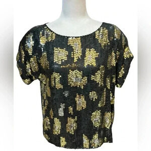 Vtg J. L. B. Beaded Black Leopard Big Cat Spots Sequins Trophy Silk Blouse Large